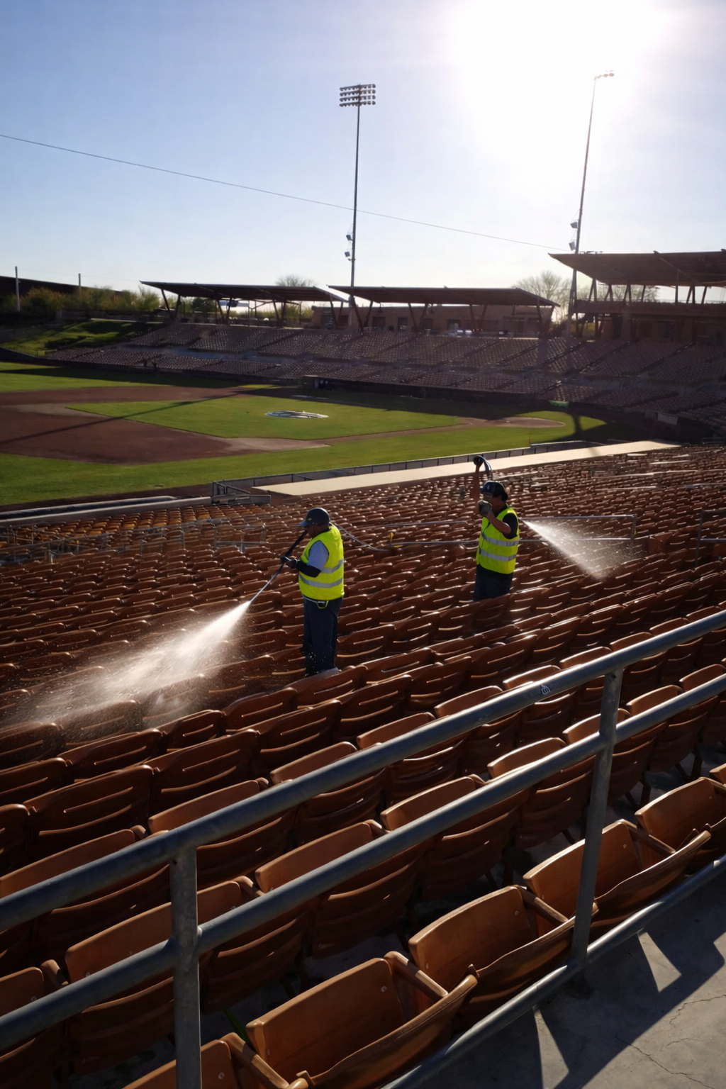 Hot-water pressure washing a Buckeye Arizona commercial stucco facade after haboob season
